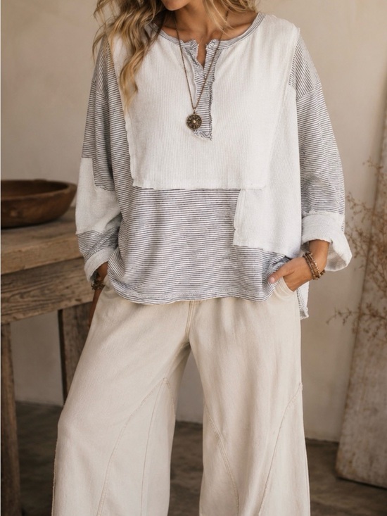 POL Tops - POL Mixed Media Thermal Knit Top Striped Waffle Raw Hem Oversized Boho Tunic Med